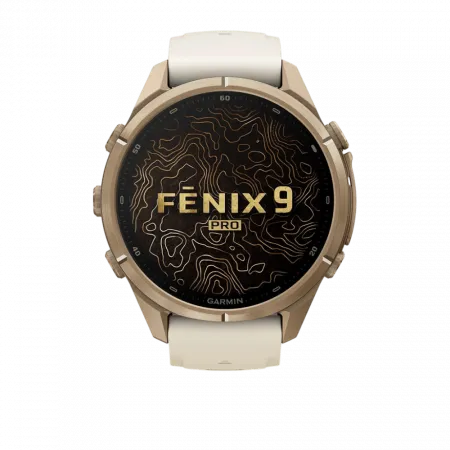 Смарт-годинник Garmin Fenix 9 Pro - inReach, 43мм Autumn Gold Titanium з Cream/French Grey бежевим/сірим силіконовим ремінцем