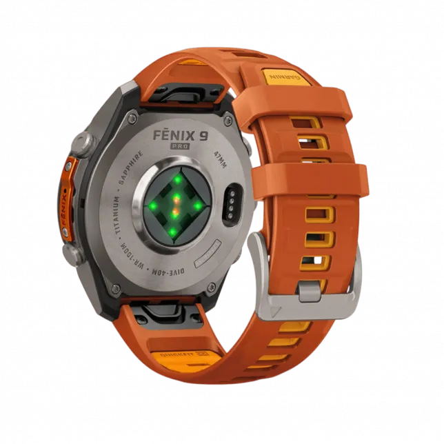 Смарт-годинник Garmin Fenix 9 Pro - inReach, 47мм Titanium з Autumn Orange/Spark Orange помаранчевим силіконовим ремінцем