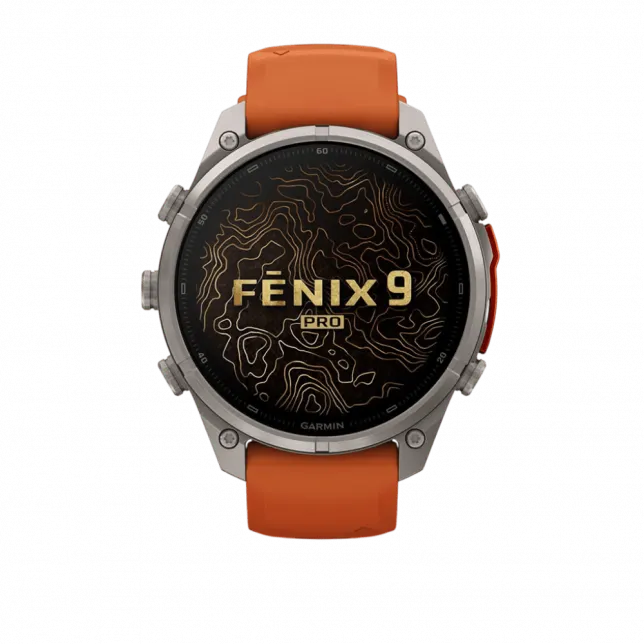 Смарт-годинник Garmin Fenix 9 Pro - inReach, 47мм Titanium з Autumn Orange/Spark Orange помаранчевим силіконовим ремінцем