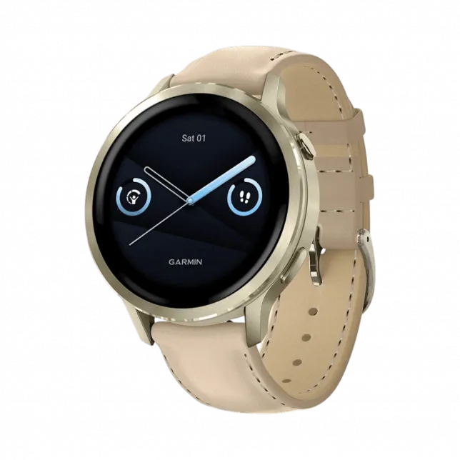 Смарт-годинник Garmin Venu 4 41 мм Lunar Gold з Bone світло-бежевим силіконовим та Light Sand бежевим шкіряним ремінцями