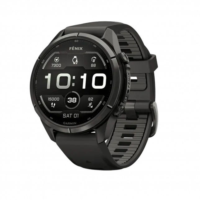 Смарт-годинник Garmin Fenix 9 Pro - inReach, 43мм Carbon Gray DLC Titanium з Black/Pebble Grey чорним/темно-сірим силіконовим ремінцем