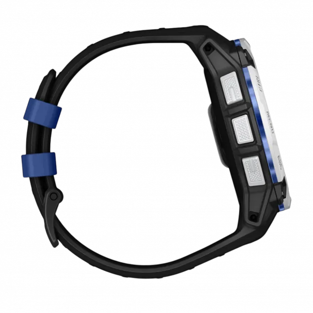 Смарт-годинник Garmin Instinct 3 50 мм, Solar Whitestone білий з Black/Bolt Blue чорним/синім силіконовим ремінцем