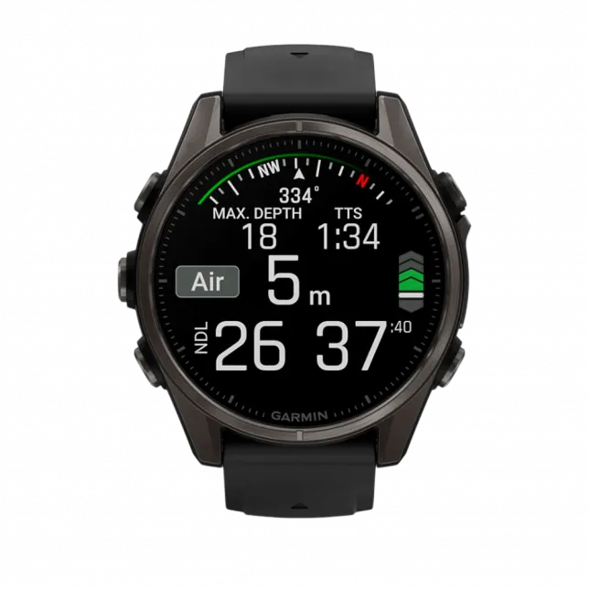 Смарт-годинник Garmin Fenix 8 43мм, AMOLED Sapphire, Carbon Grey DLC Titanium з Black/Pebble Grey чорним силіконовим ремінцем
