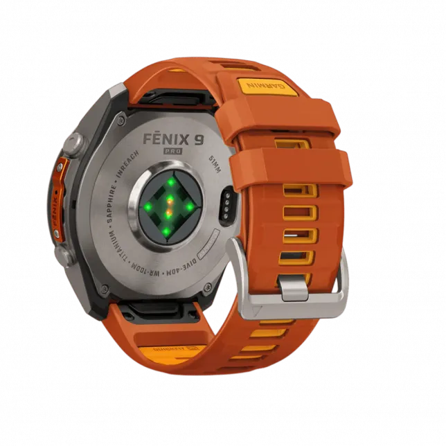 Смарт-годинник Garmin Fenix 9 Pro - inReach, 51мм Titanium з Autumn Orange/Spark Orange помаранчевим силіконовим ремінцем