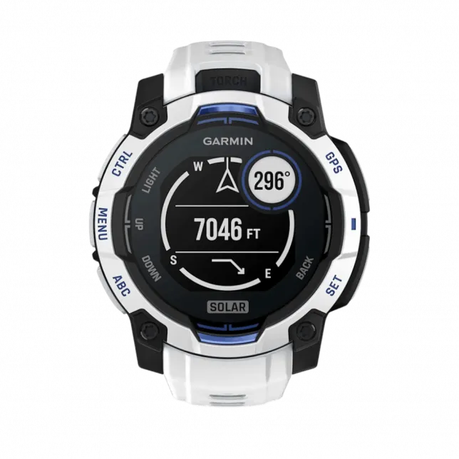 Смарт-годинник Garmin Instinct 3 45 мм, Solar Whitestone білий з Whitestone/Bolt Blue білим/синім силіконовим ремінцем