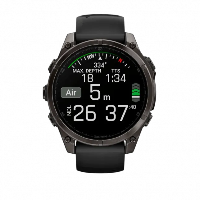 Смарт-годинник Garmin Fenix 8 47мм, AMOLED Sapphire, Carbon Grey DLC Titanium з Black/Pebble Grey чорним силіконовим ремінцем
