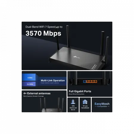 Маршрутизатор TP-LINK Archer BE220 BE3600, 4xGE LAN, 1xGE WAN, MESH