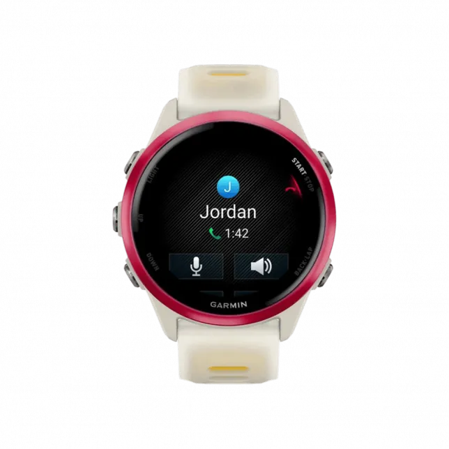 Смарт-годинник Garmin Forerunner 570 42мм Raspberry Aluminum з Translucent Bone/Mango світло-бежевим силіконовим ремінцем