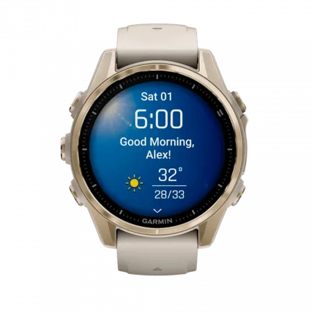 Смарт-годинник Garmin Fenix 8 43мм, AMOLED Sapphire, Soft Gold з Fog Gray/Dark Sandstone сірим силіконовим ремінцем