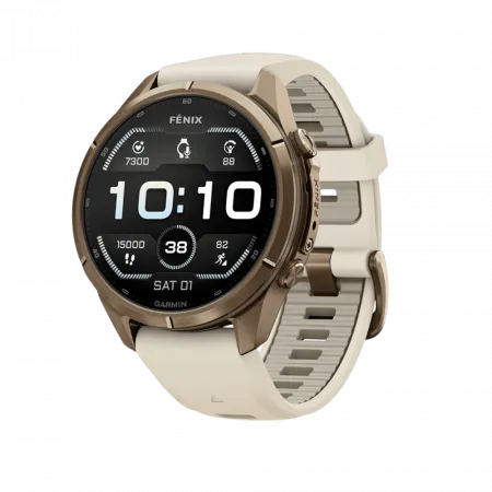 Смарт-годинник Garmin Fenix 9 Pro 43мм, Autumn Gold Titanium з Cream/French Grey бежевим силіконовим ремінцем