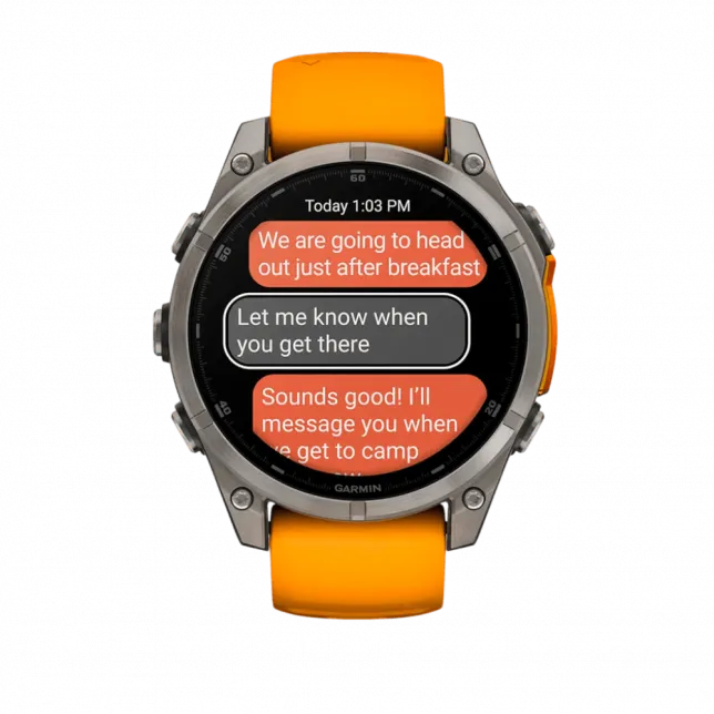 Смарт-годинник Garmin Fenix 8 47мм, AMOLED Sapphire, Titanium з Spark Orange/Graphite помаранчевим силіконовим ремінцем