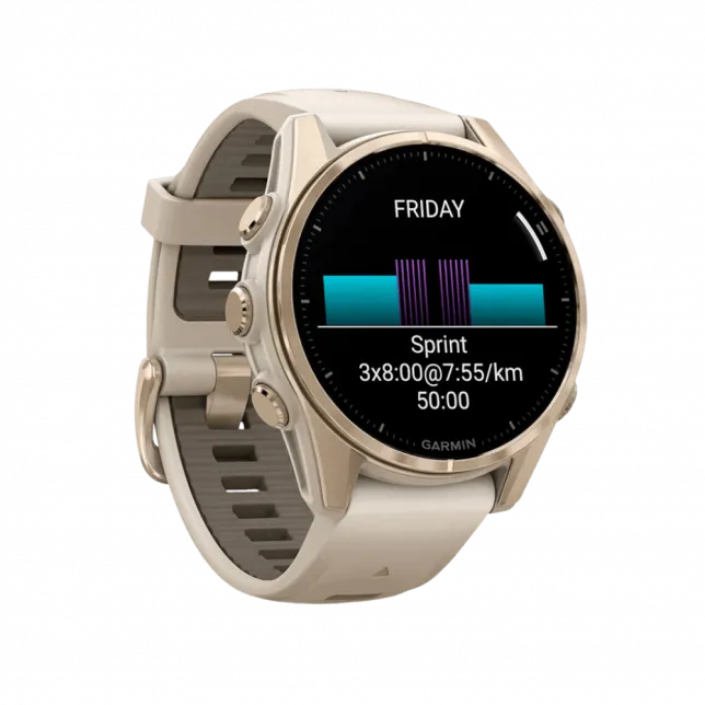 Смарт-годинник Garmin Fenix 8 43мм, AMOLED Sapphire, Soft Gold з Fog Gray/Dark Sandstone сірим силіконовим ремінцем