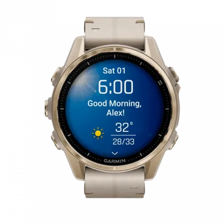 Смарт-годинник Garmin Fenix 8 43мм, AMOLED Sapphire, Soft Gold з Limestone сірим шкіряним ремінцем