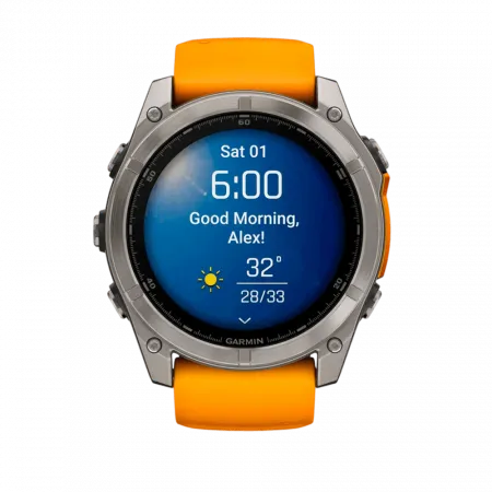 Смарт-годинник Garmin Fenix 8 51мм, AMOLED Sapphire, Titanium з Spark Orange/Graphite помаранчевим силіконовим ремінцем