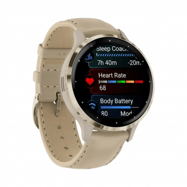 Смарт-годинник Garmin Venu 3S Soft Gold Stainless Steel Bezel з French Gray сірим корпусом та шкіряним ремінцем
