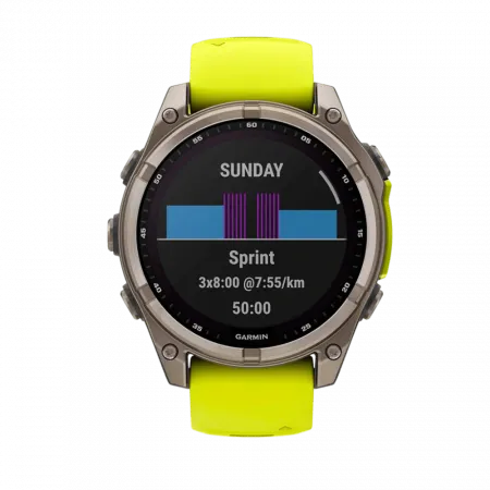 Смарт-годинник Garmin Fenix 8 47мм, Solar Sapphire, Titanium з Amp Yellow/Graphite жовтим силіконовим ремінцем