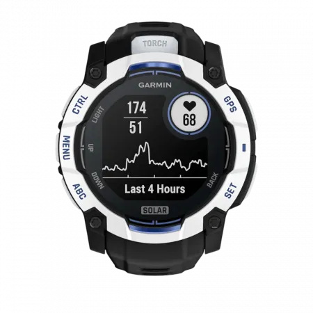 Смарт-годинник Garmin Instinct 3 50 мм, Solar Whitestone білий з Black/Bolt Blue чорним/синім силіконовим ремінцем