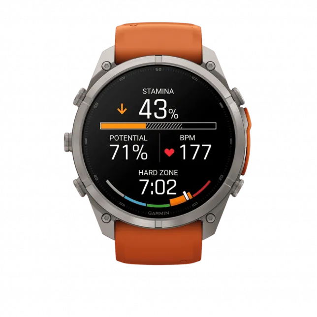 Смарт-годинник Garmin Fenix 9 Pro - inReach, 51мм Titanium з Autumn Orange/Spark Orange помаранчевим силіконовим ремінцем