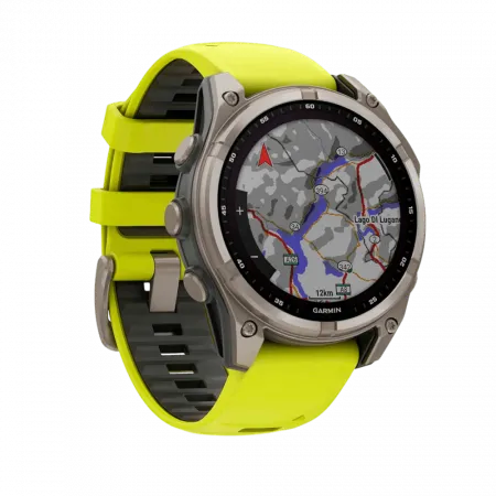 Смарт-годинник Garmin Fenix 8 47мм, Solar Sapphire, Titanium з Amp Yellow/Graphite жовтим силіконовим ремінцем