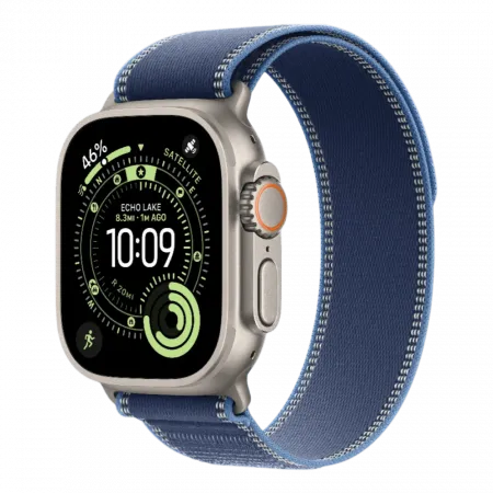 Apple Watch Ultra 3 GPS + LTE, 49mm Natural Titanium Case with Blue/Bright Blue Trail Loop - S/M