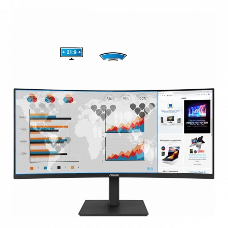 Монітор Asus 34" VA34VCPSR HDMI, DP, USB-C, 3xUSB, RJ-45, MM, VA, 3440x1440, 21:9, 100Hz, 4ms, CURVED, AdaptiveSync, HAS
