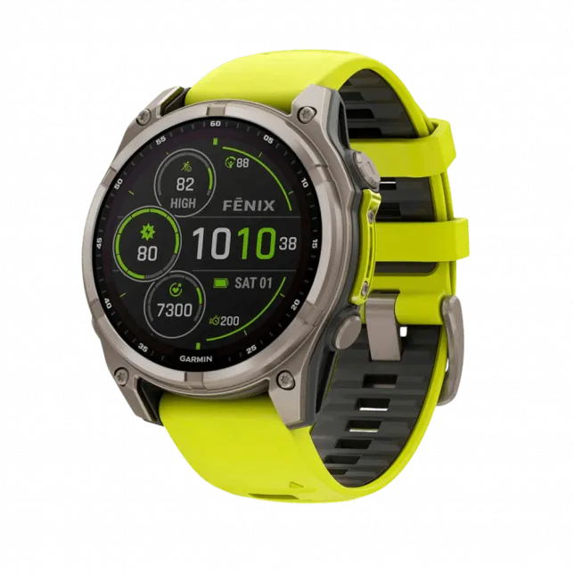 Смарт-годинник Garmin Fenix 8 47мм, Solar Sapphire, Titanium з Amp Yellow/Graphite жовтим силіконовим ремінцем
