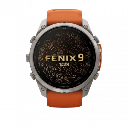 Смарт-годинник Garmin Fenix 9 Pro - inReach, 51мм Titanium з Autumn Orange/Spark Orange помаранчевим силіконовим ремінцем