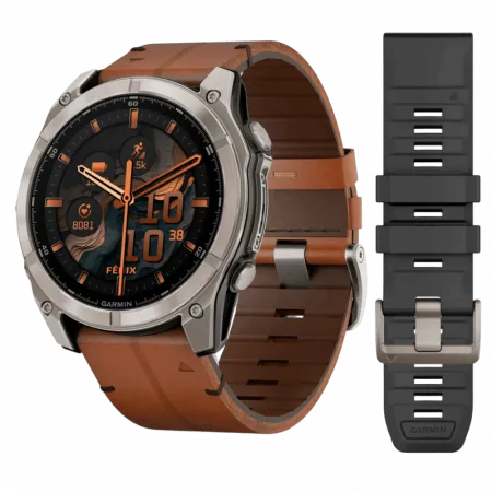 Смарт-годинник Garmin Fenix 8 51мм, AMOLED Sapphire, Titanium з Chestnut коричневим шкіряним ремінцем