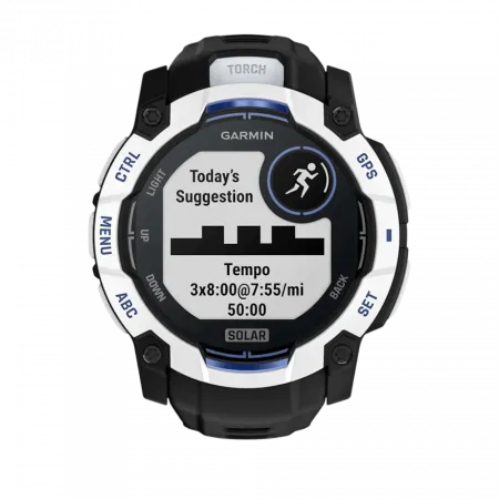 Смарт-годинник Garmin Instinct 3 50 мм, Solar Whitestone білий з Black/Bolt Blue чорним/синім силіконовим ремінцем