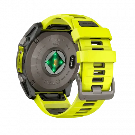 Смарт-годинник Garmin Fenix 8 51мм, Solar Sapphire, Titanium з Amp Yellow/Graphite жовтим силіконовим ремінцем