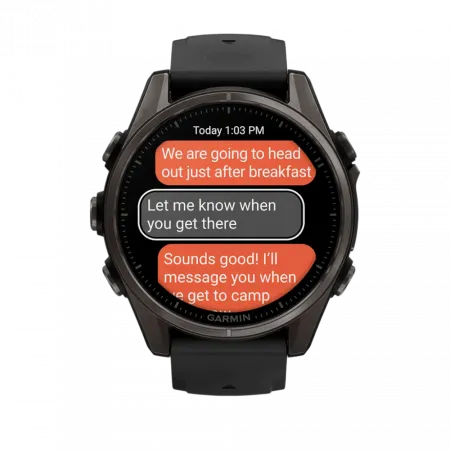 Смарт-годинник Garmin Fenix 8 43мм, AMOLED Sapphire, Carbon Grey DLC Titanium з Black/Pebble Grey чорним силіконовим ремінцем