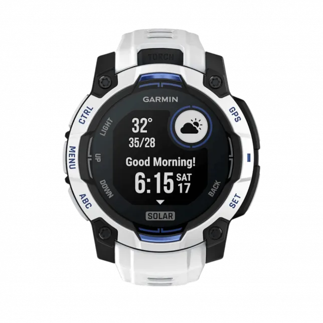Смарт-годинник Garmin Instinct 3 45 мм, Solar Whitestone білий з Whitestone/Bolt Blue білим/синім силіконовим ремінцем