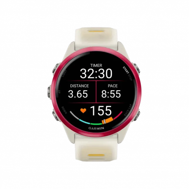 Смарт-годинник Garmin Forerunner 570 42мм Raspberry Aluminum з Translucent Bone/Mango світло-бежевим силіконовим ремінцем