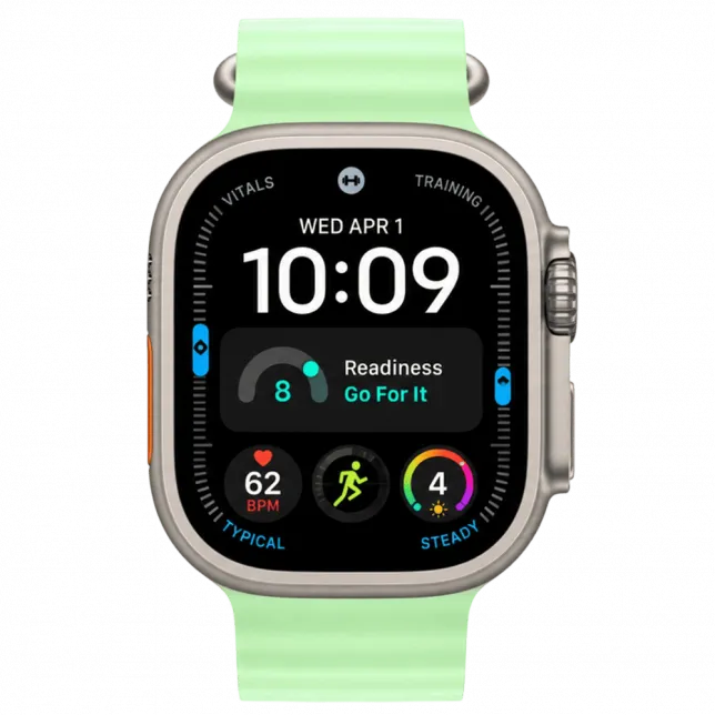 Apple Watch Ultra 4 GPS + LTE 49mm Natural Titanium Case with Neon Green Ocean Band (MJCR4+MGCF4)
