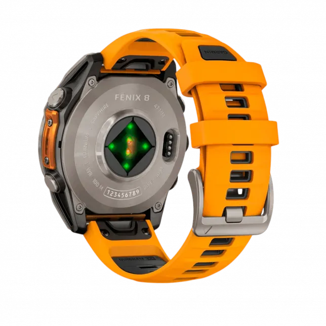 Смарт-годинник Garmin Fenix 8 47мм, AMOLED Sapphire, Titanium з Spark Orange/Graphite помаранчевим силіконовим ремінцем