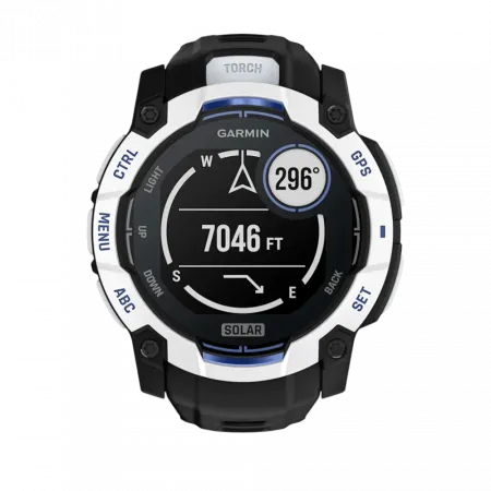 Смарт-годинник Garmin Instinct 3 50 мм, Solar Whitestone білий з Black/Bolt Blue чорним/синім силіконовим ремінцем