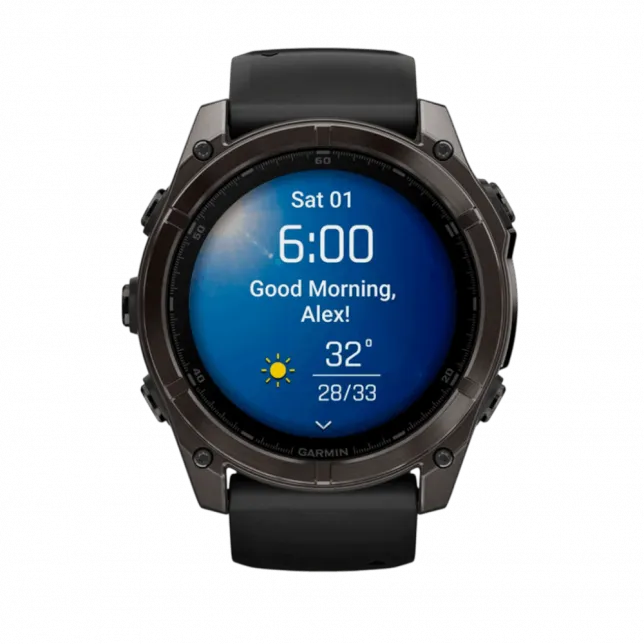 Смарт-годинник Garmin Fenix 8 51мм, AMOLED Sapphire, Carbon Grey DLC Titanium з Black/Pebble Grey чорним силіконовим ремінцем
