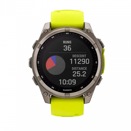 Смарт-годинник Garmin Fenix 8 47мм, Solar Sapphire, Titanium з Amp Yellow/Graphite жовтим силіконовим ремінцем