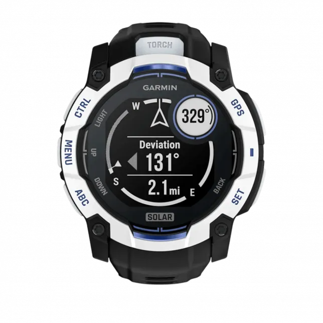 Смарт-годинник Garmin Instinct 3 50 мм, Solar Whitestone білий з Black/Bolt Blue чорним/синім силіконовим ремінцем
