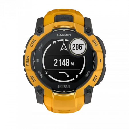 Смарт-годинник Garmin Instinct 3 50 мм, Solar Sunburst помаранчевий з Sunburst/Grey помаранчевим/сірим силіконовим ремінцем
