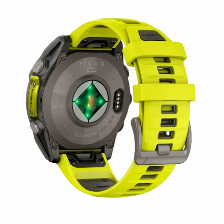 Смарт-годинник Garmin Fenix 8 47мм, Solar Sapphire, Titanium з Amp Yellow/Graphite жовтим силіконовим ремінцем