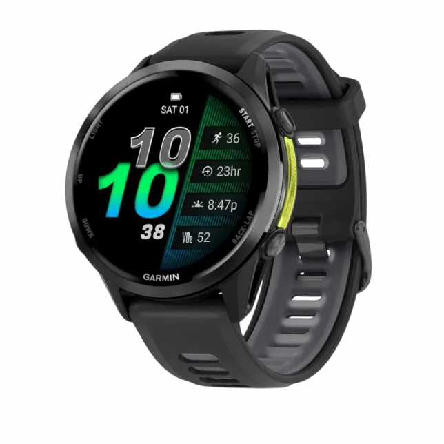 Смарт-годинник Garmin Forerunner 970 Carbon Grey DLC Titanium з Black корпусом та Black/Translucent Whitestone чорним силіконовим ремінцем