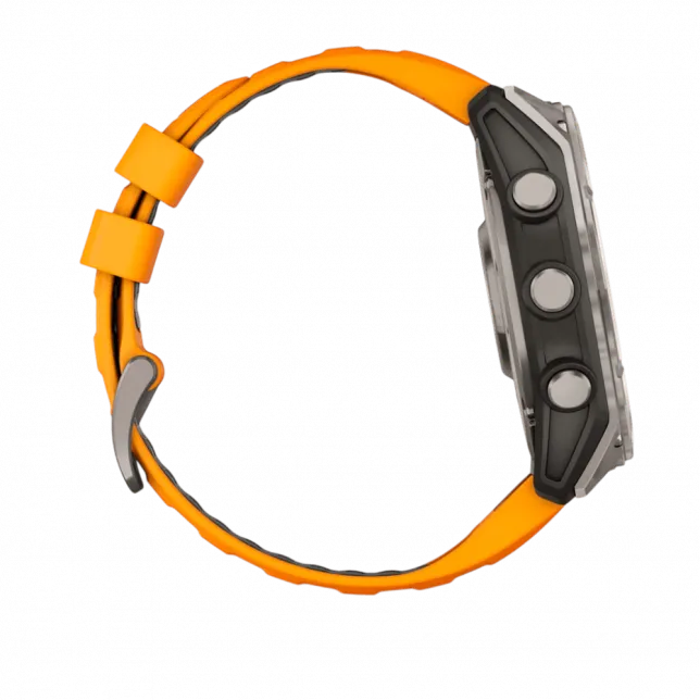 Смарт-годинник Garmin Fenix 8 51мм, AMOLED Sapphire, Titanium з Spark Orange/Graphite помаранчевим силіконовим ремінцем
