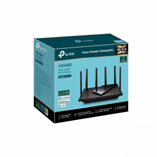 Маршрутизатор TP-LINK ARCHER AX72 PRO AX5400, 3xGE LAN, 1x2.5GE WAN/LAN, 1xGE WAN/LAN, 1xUSB 3.0, MESH