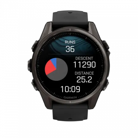 Смарт-годинник Garmin Fenix 8 43мм, AMOLED Sapphire, Carbon Grey DLC Titanium з Black/Pebble Grey чорним силіконовим ремінцем