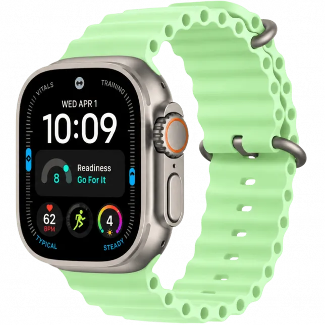 Apple Watch Ultra 4 GPS + LTE 49mm Natural Titanium Case with Neon Green Ocean Band (MJCR4+MGCF4)