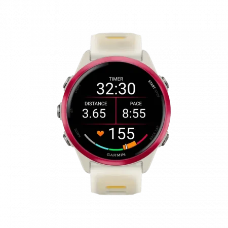 Смарт-годинник Garmin Forerunner 570 42мм Raspberry Aluminum з Translucent Bone/Mango світло-бежевим силіконовим ремінцем