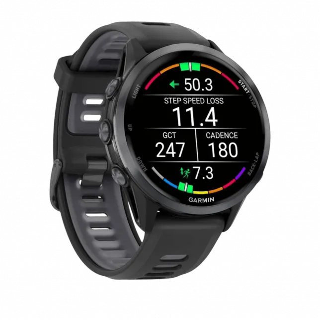 Смарт-годинник Garmin Forerunner 970 Carbon Grey DLC Titanium з Black корпусом та Black/Translucent Whitestone чорним силіконовим ремінцем