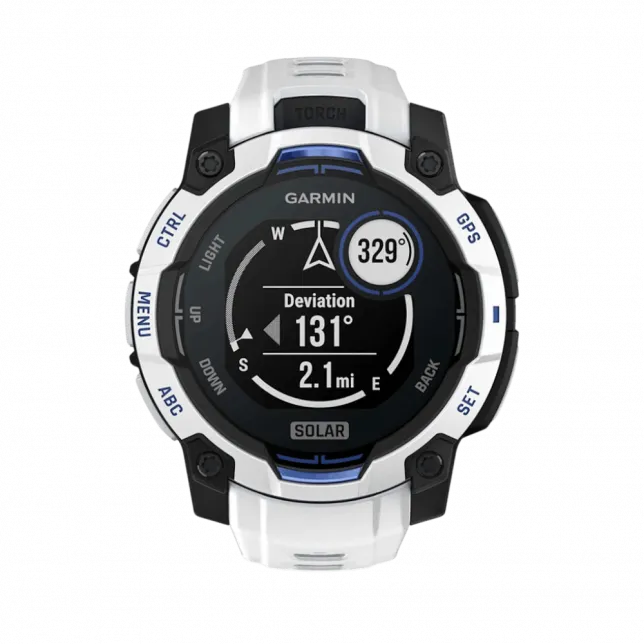 Смарт-годинник Garmin Instinct 3 45 мм, Solar Whitestone білий з Whitestone/Bolt Blue білим/синім силіконовим ремінцем
