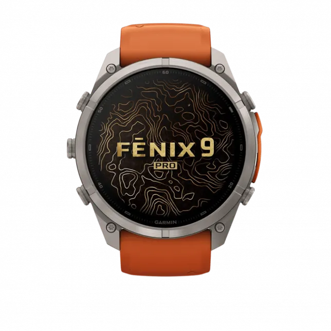 Смарт-годинник Garmin Fenix 9 Pro - inReach, 51мм Titanium з Autumn Orange/Spark Orange помаранчевим силіконовим ремінцем